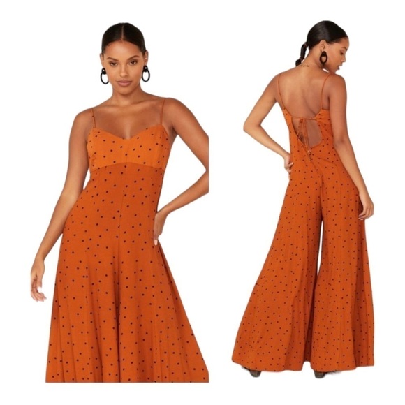 FREE PEOPLE Rust Orange Polka Dot Open Back Wide Leg Jumpsuit XS NEW - Picture 13 of 15